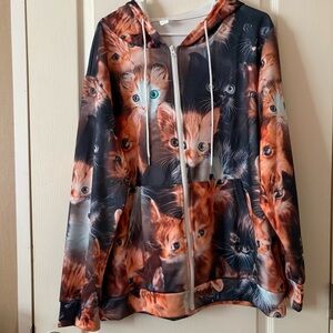 Cat Print Hoodie with Zipper